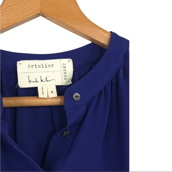 Artelier, Nicole Miller - Silk, Cold Shoulder Button Down, NAVY BLUE - Picture 5 of 7